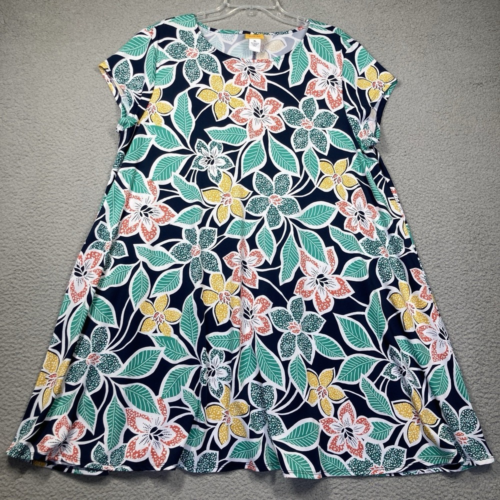Ruby Rd. Short Dress Women's XL Tropical Floral Short Sleeve Stretch Beach Cover